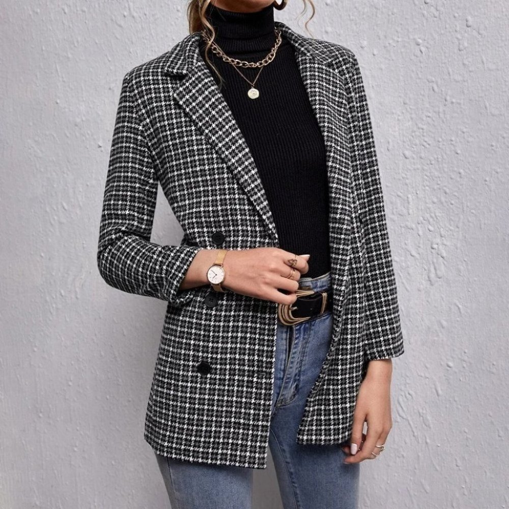 double breasted houndstooth & plaid print blazer chic - Picture 4 of 5